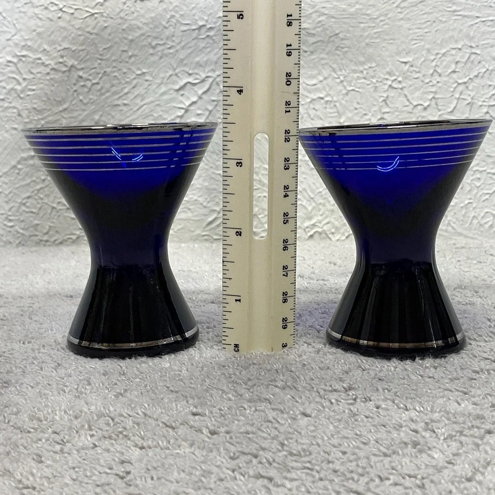 Vintage Set of 2 Cobalt Blue Cocktail‎ Glasses with Silver Platinum Banding MCM